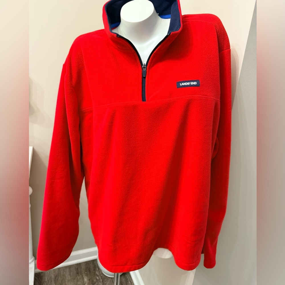 Land’s End Fleece Sweater Mens Sz XXL Pullover 1/4 Zip Mock Neck Red Navy Trim